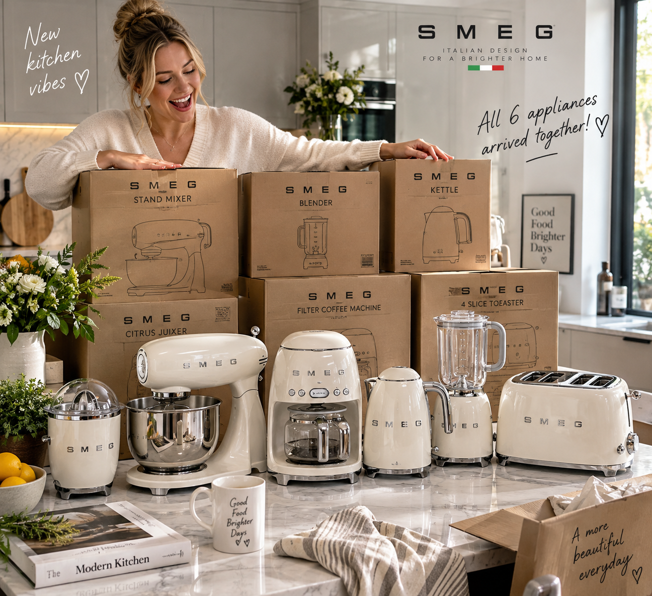 Woman unboxing the complete cream Smeg retro kitchen collection